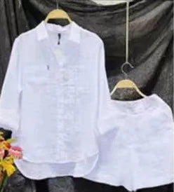 Fashion White Long Sleeve Shirt And Shorts Two Piece Sets Woman 2026 Spring Cotton Linen Casual Home 2 Piece Set For Women