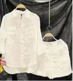 Fashion White Long Sleeve Shirt And Shorts Two Piece Sets Woman 2026 Spring Cotton Linen Casual Home 2 Piece Set For Women