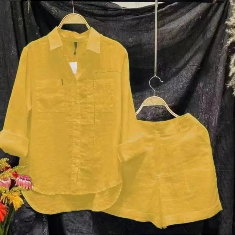 Fashion White Long Sleeve Shirt And Shorts Two Piece Sets Woman 2026 Spring Cotton Linen Casual Home 2 Piece Set For Women