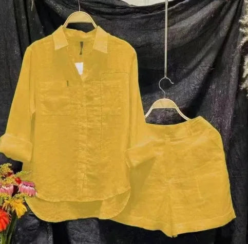 Fashion White Long Sleeve Shirt And Shorts Two Piece Sets Woman 2026 Spring Cotton Linen Casual Home 2 Piece Set For Women