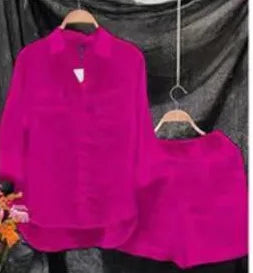 Fashion White Long Sleeve Shirt And Shorts Two Piece Sets Woman 2026 Spring Cotton Linen Casual Home 2 Piece Set For Women
