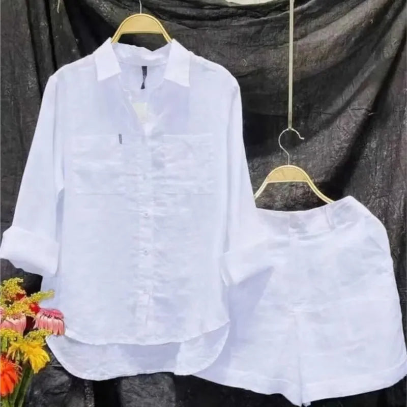 Fashion White Long Sleeve Shirt And Shorts Two Piece Sets Woman 2026 Spring Cotton Linen Casual Home 2 Piece Set For Women