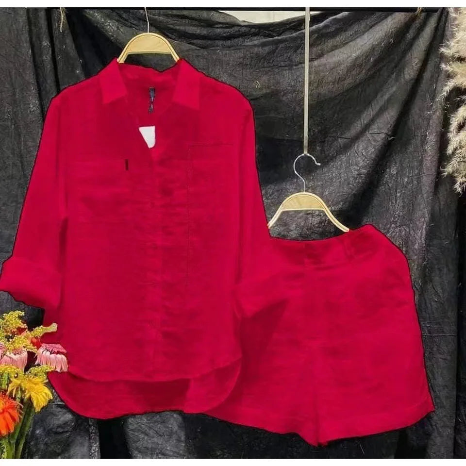 Fashion White Long Sleeve Shirt And Shorts Two Piece Sets Woman 2026 Spring Cotton Linen Casual Home 2 Piece Set For Women